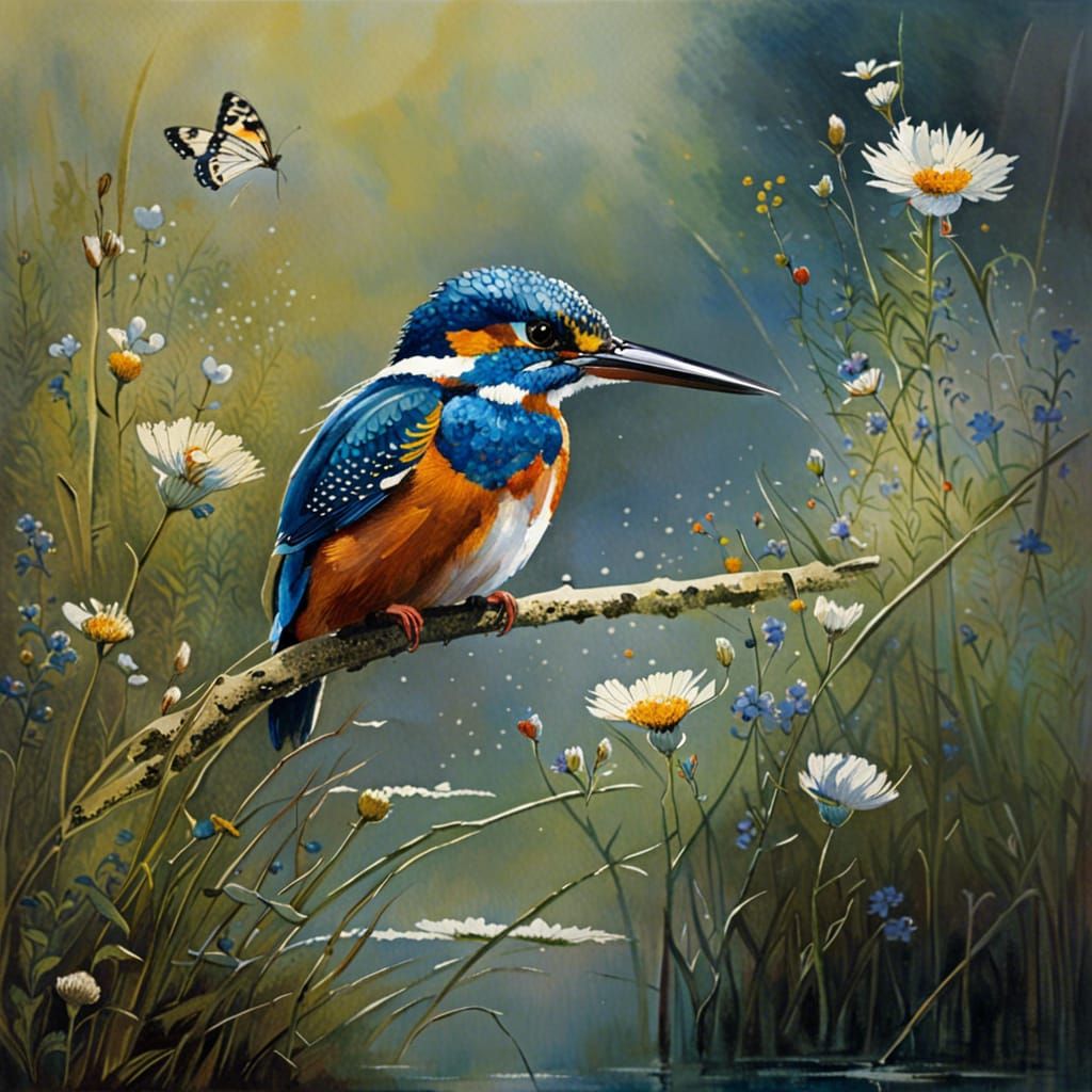 Kingfisher with Wildflowers in Morning Light