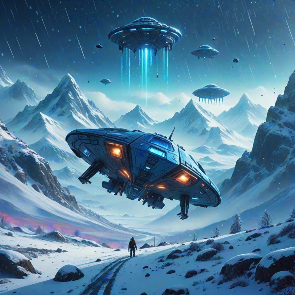 Cosmic Vessel Touches Down on Snowy Peaks with Celestial Bei...