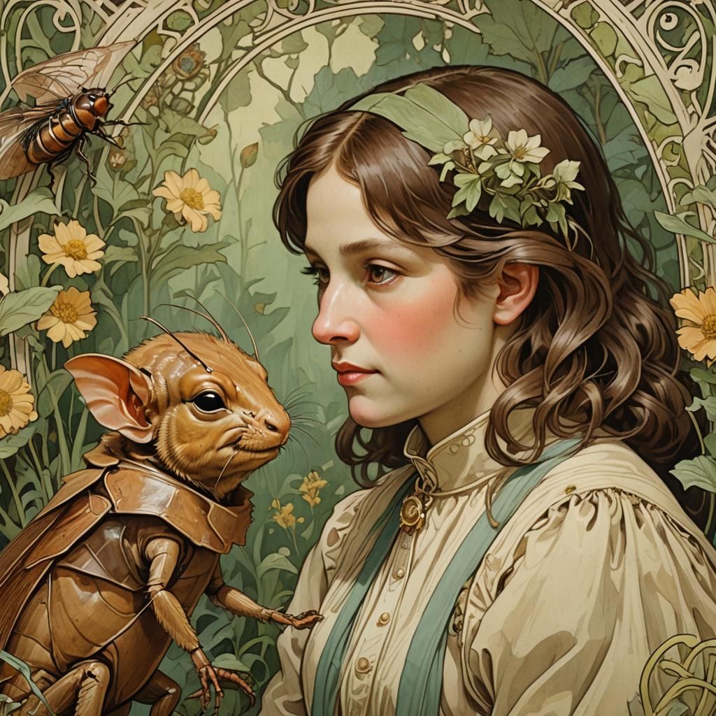 Mole Cricket Mother and Child: A Mucha-Style Portrait