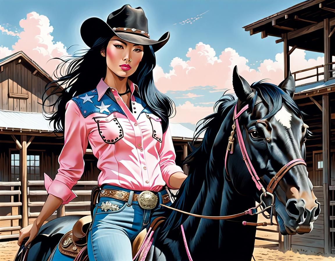 Japanese Cowgirl Rides Horse, Comic Art Style