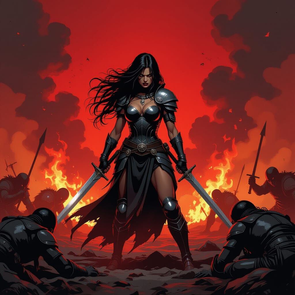 Furious Female Warrior on Fiery Battlefield