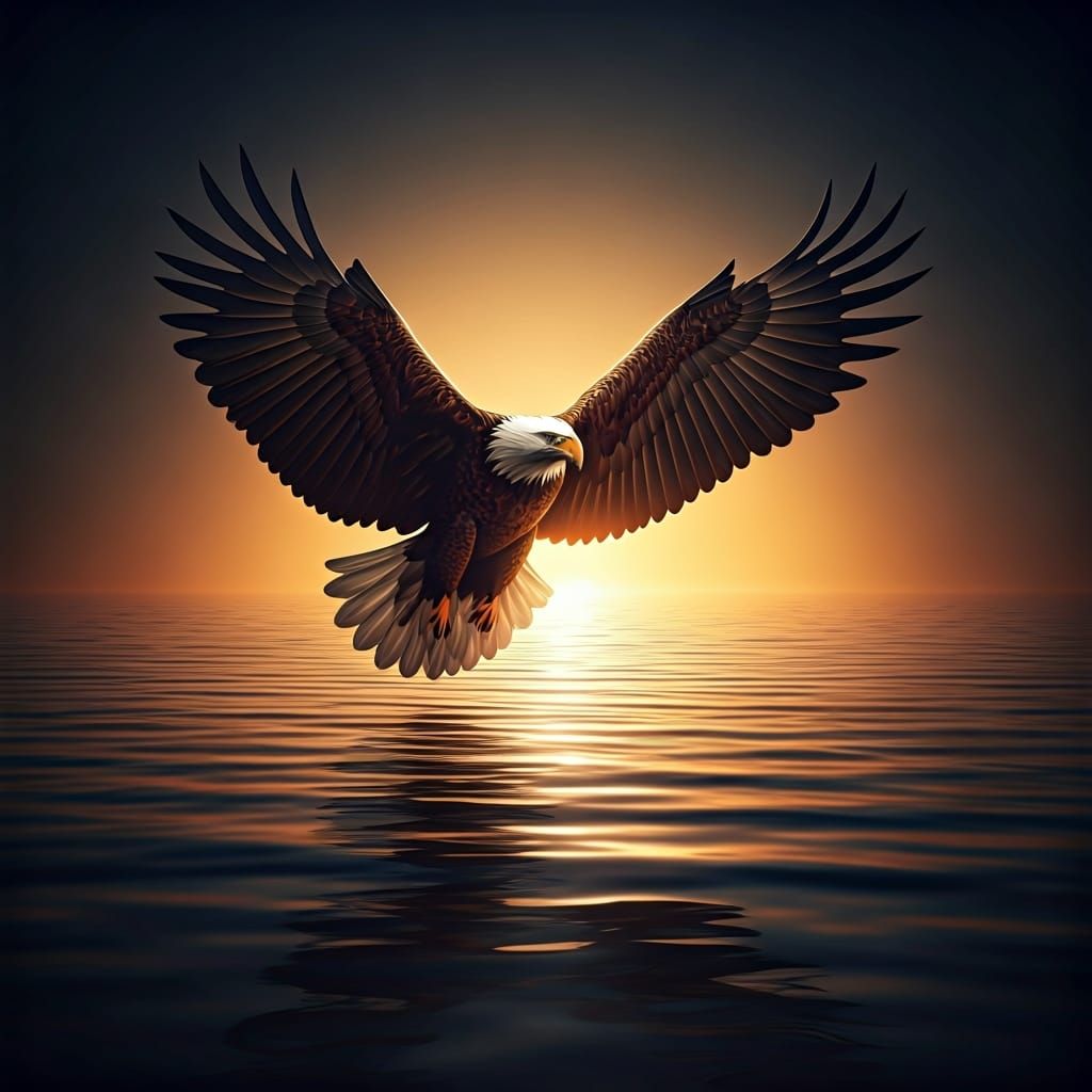 Majestic Eagle Logo Soaring Over Sunset Lake