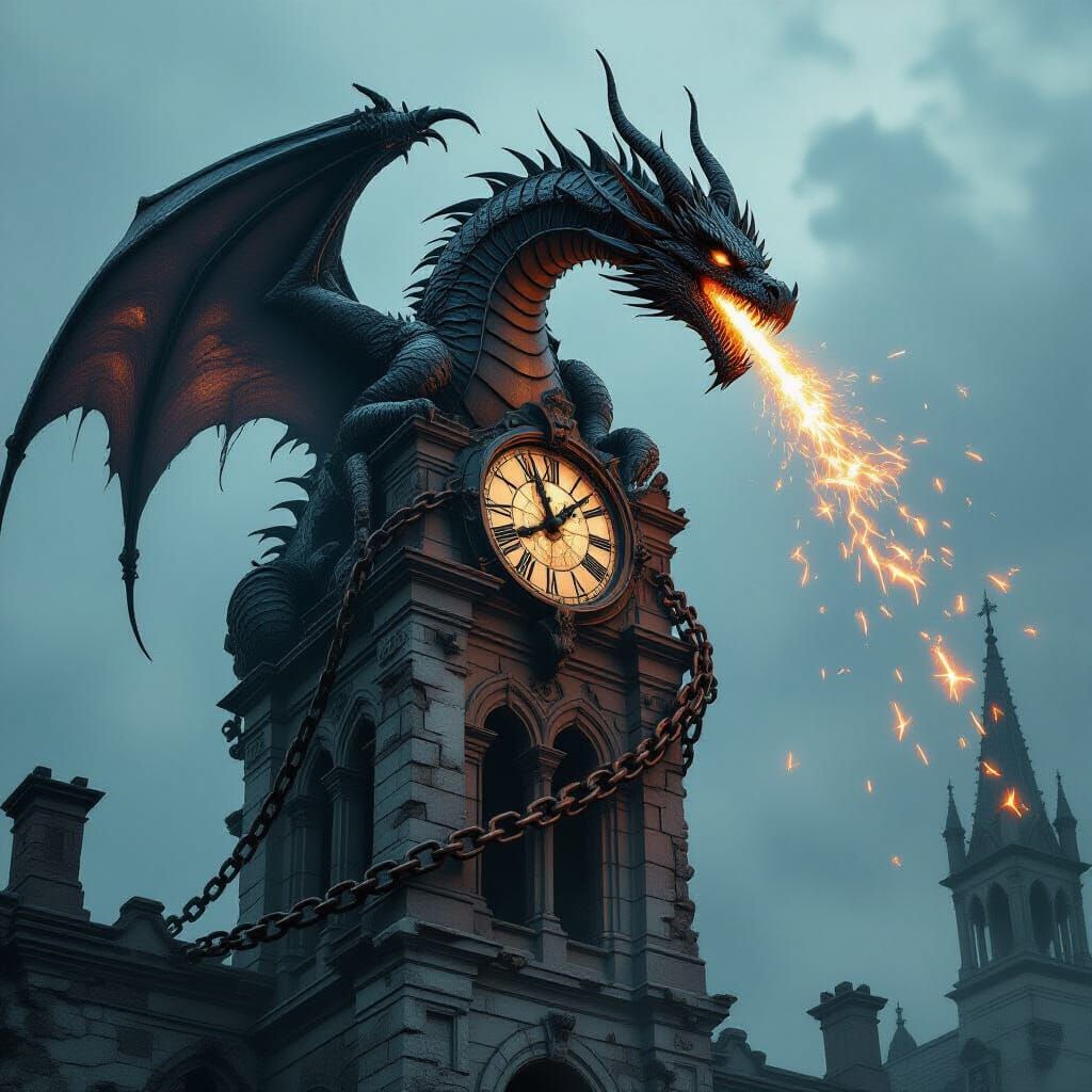 Gothic Metal Dragon Curled Around Clock Tower