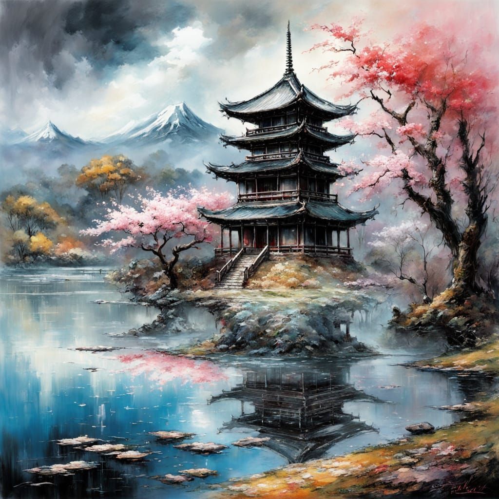 Cinematic Sakura Scene with Pagoda, Abstract Art Style