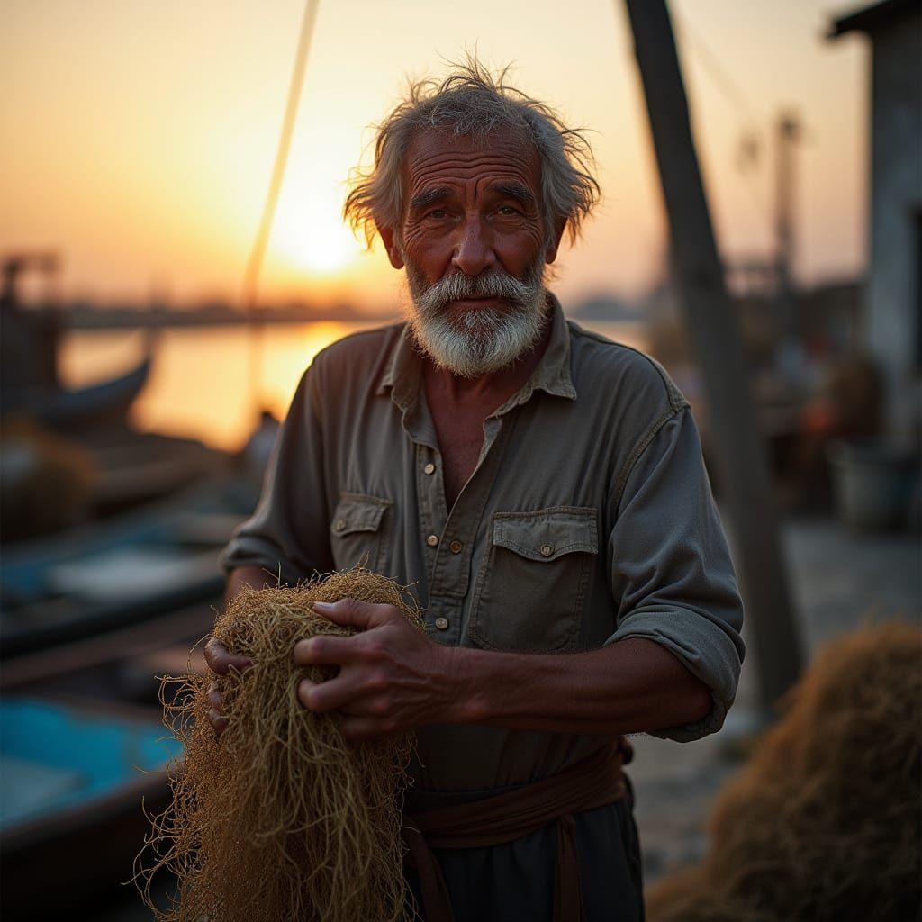 Fisherman Mending Nets at Dawn: A Photojournalistic Portrait