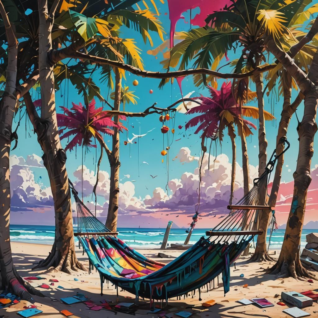 Serene Beach Hammock in Graffiti Art Style