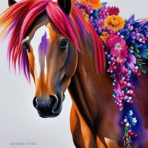 Realistic Beautiful Watercolor Horse with flowers
