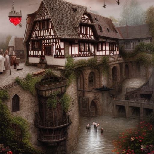 Medieval Noble Woman in German Town, Dark Art