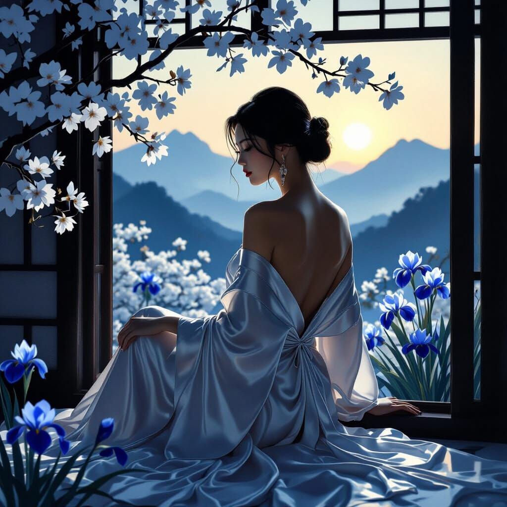 Elegant Asian Woman in Chiaroscuro Boudoir Painting