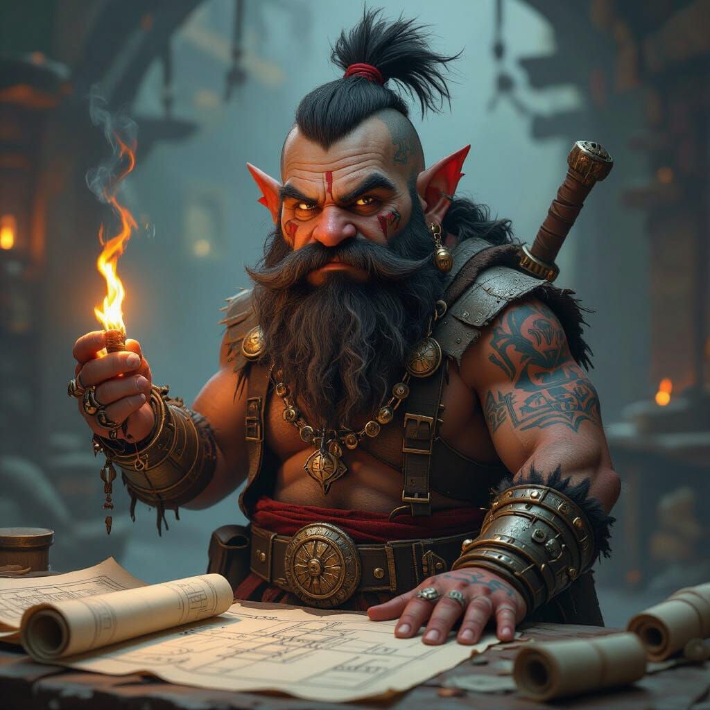 Fiery Dwarf Architect in Dark Fantasy Style