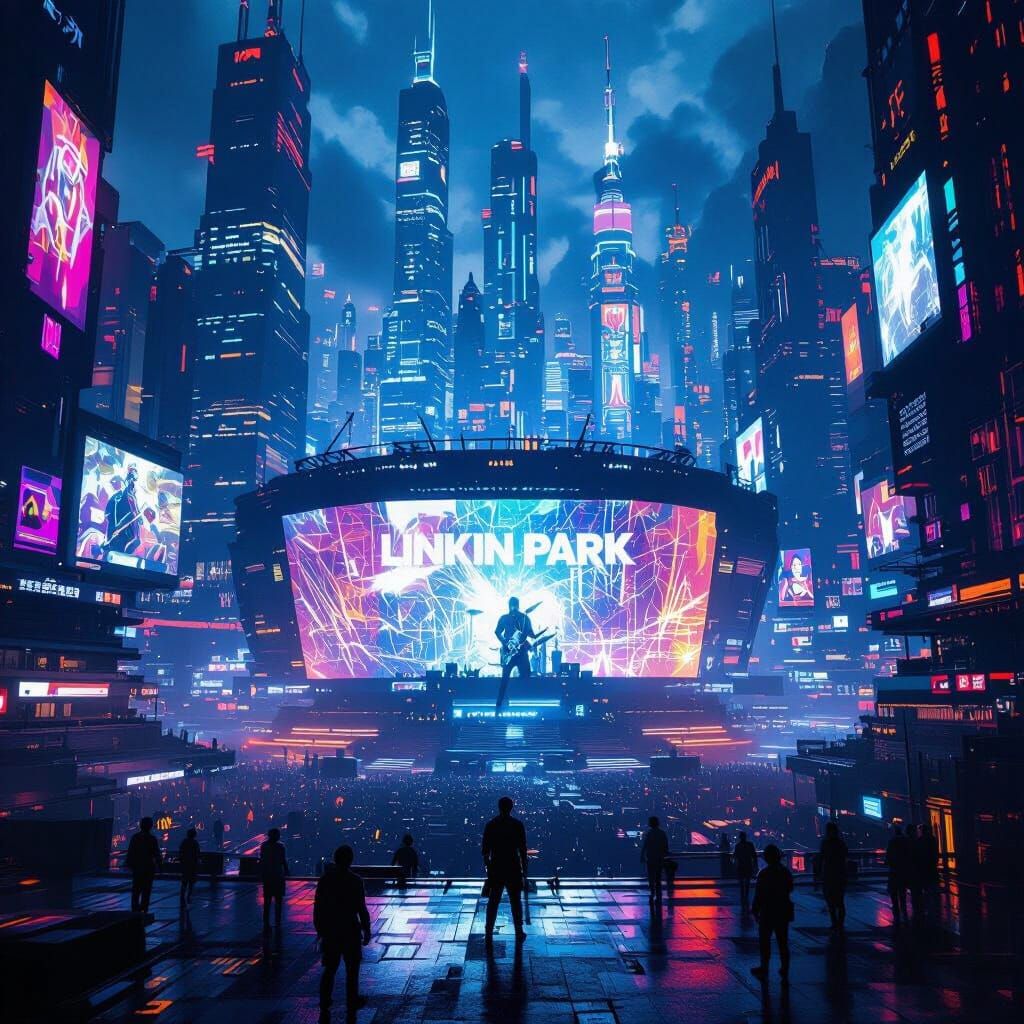 Cyberpunk Cityscape with Linkin Park Hologram Concert