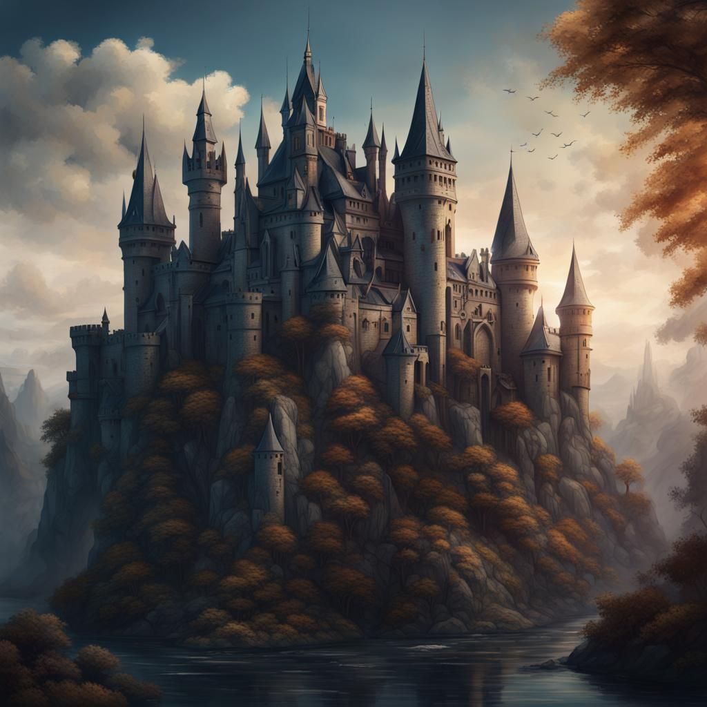 Aerial View of Mysterious Castle in Gothic Style