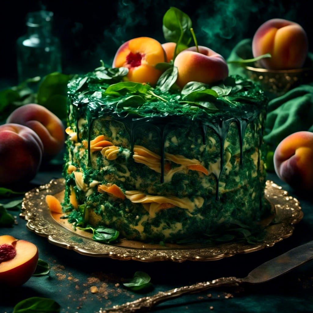 Appetizing Peach and Spinach Cake, Hyperrealistic HDR Photog...