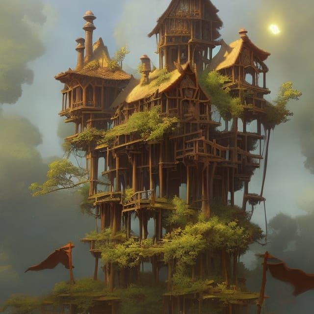 Post-Apocalyptic Treehouse Castle: Detailed Digital Art