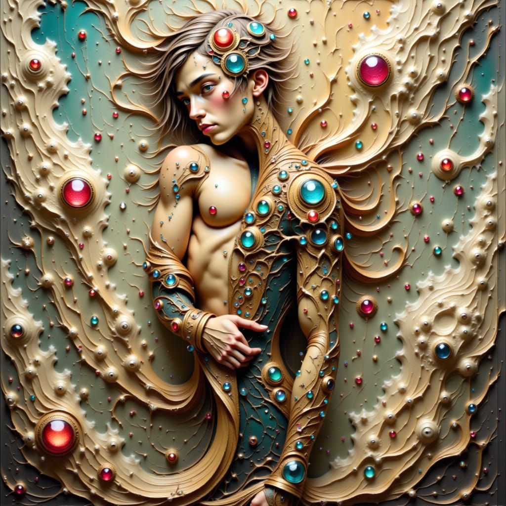 Surreal Figure in Ornate Attire: Baroque Cubist Dreamscape