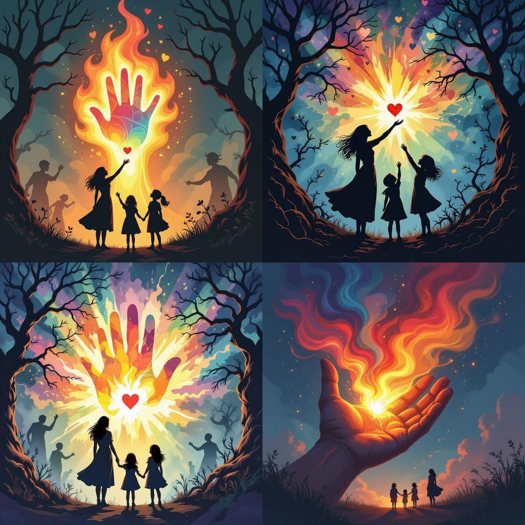 Symbolic Hand Erupting Light Protecting Figures, Watercolor ...