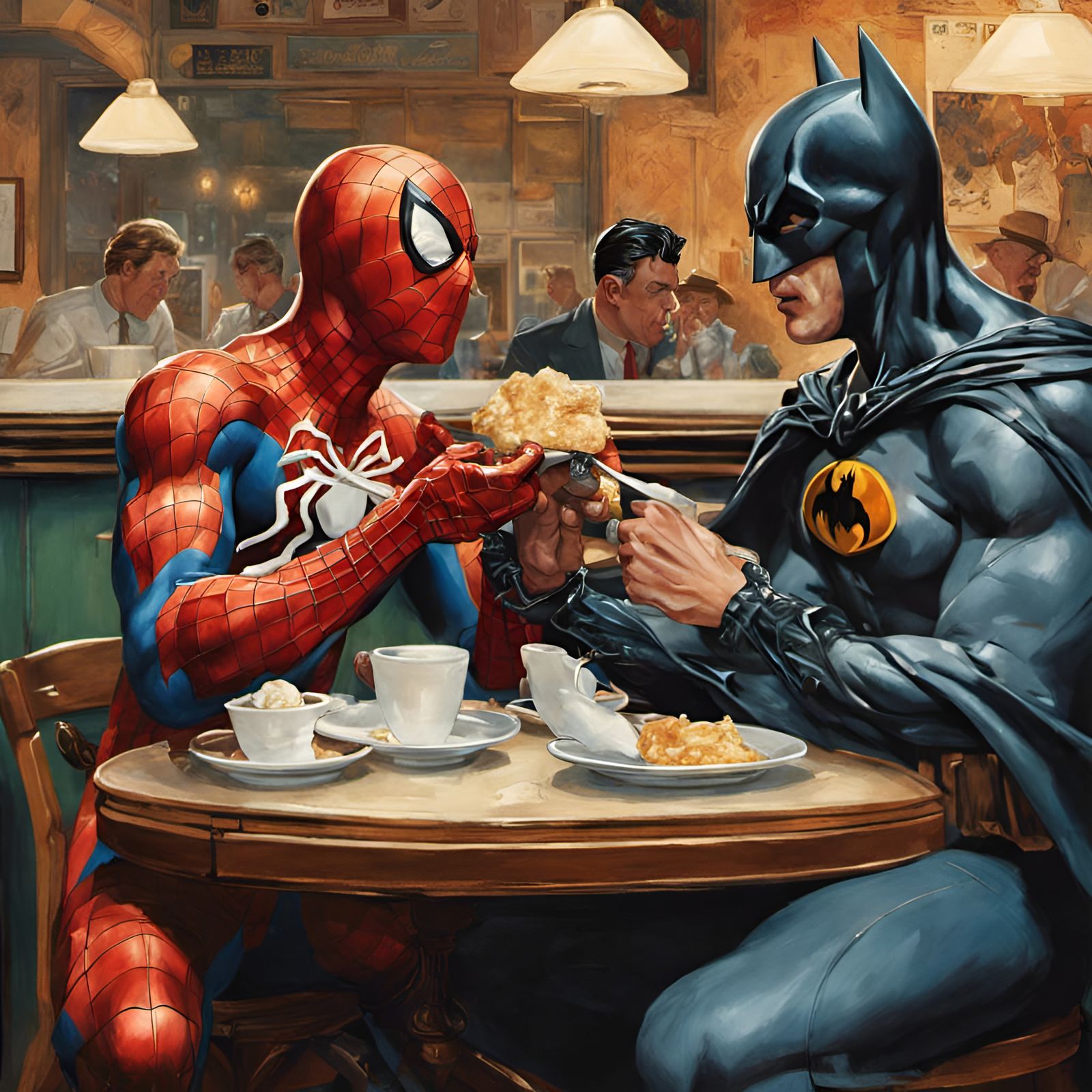 Spider-Man and Batman in Rockwell Style
