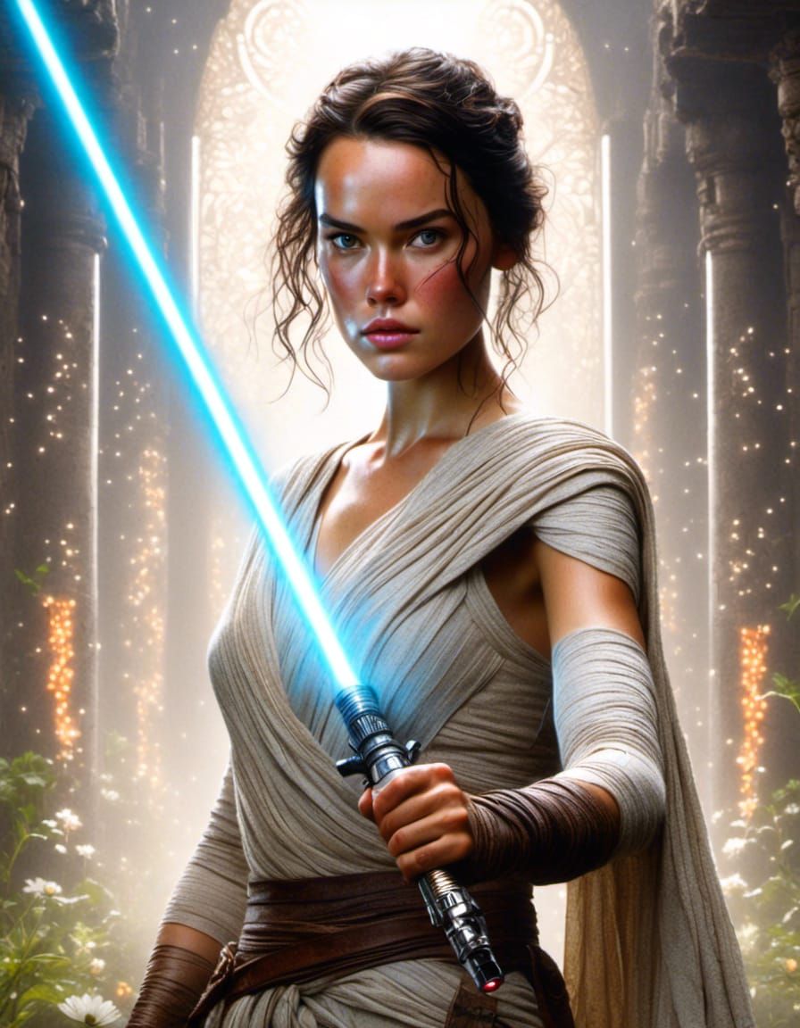 Rey Skywalker Lightsaber Illustration in Temple