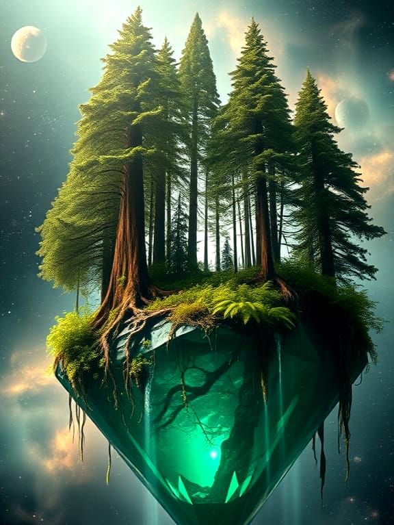 Emerald Cosmic Forest Unfolds in Vibrant Surrealism