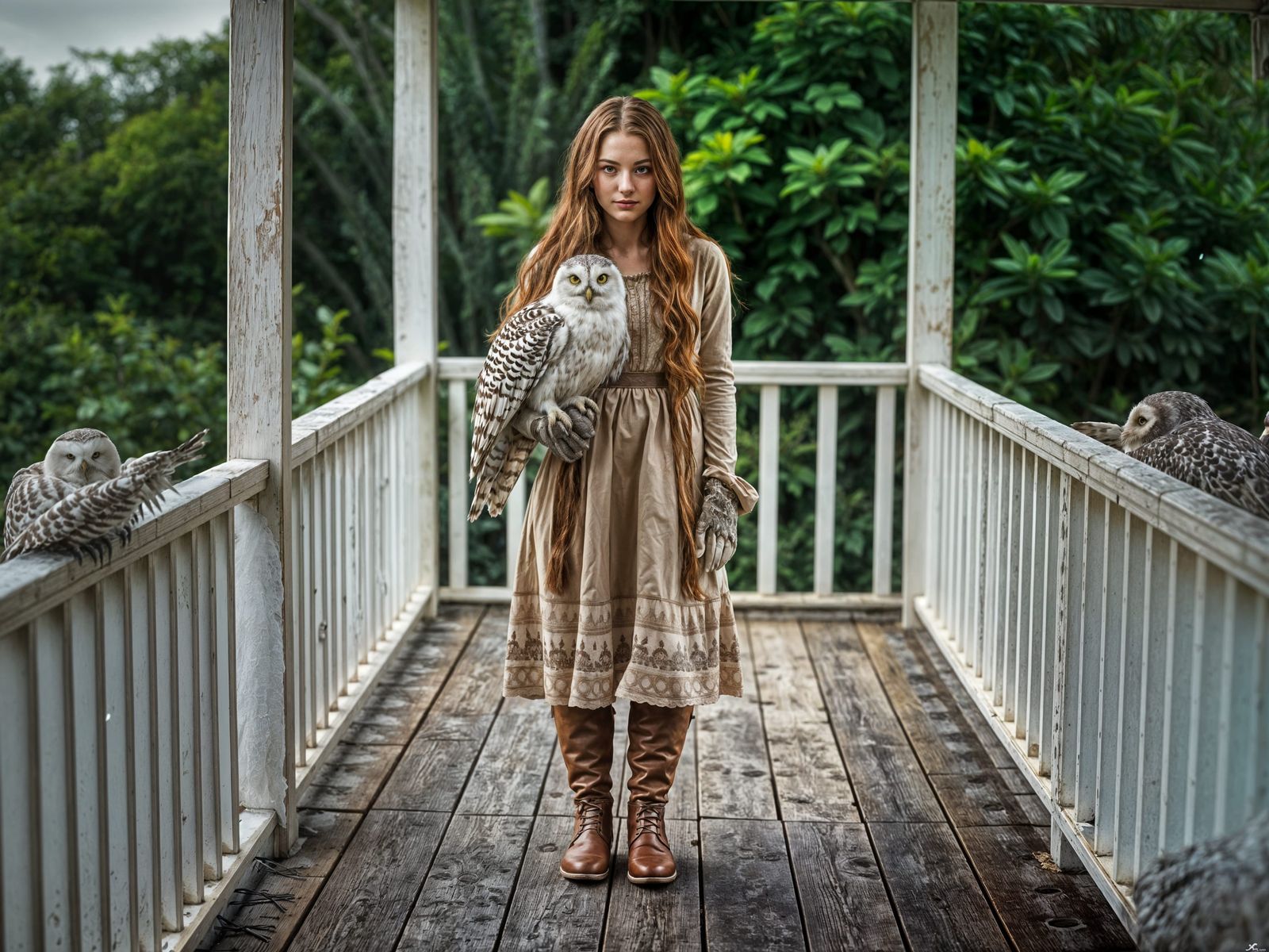 Woman with Snowy Owl on Porch in Vintage Dress