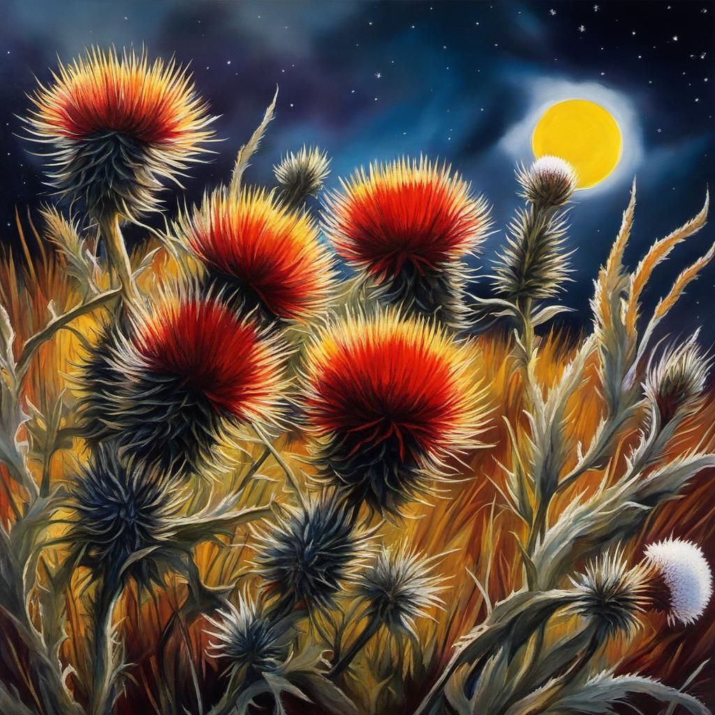 Moonlit Thistle Meadow: Hyperrealistic Surrealist Painting