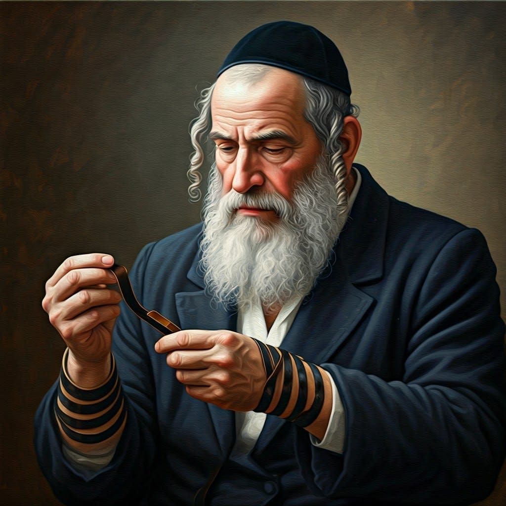 Traditional Jewish Man Examines Tefillin: Oil Painting
