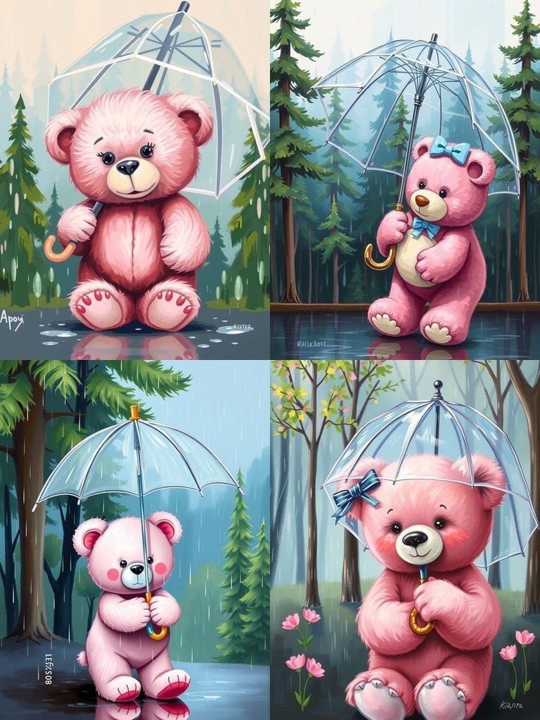 Pink Teddy Bear in Rainy Forest, Oil Painting