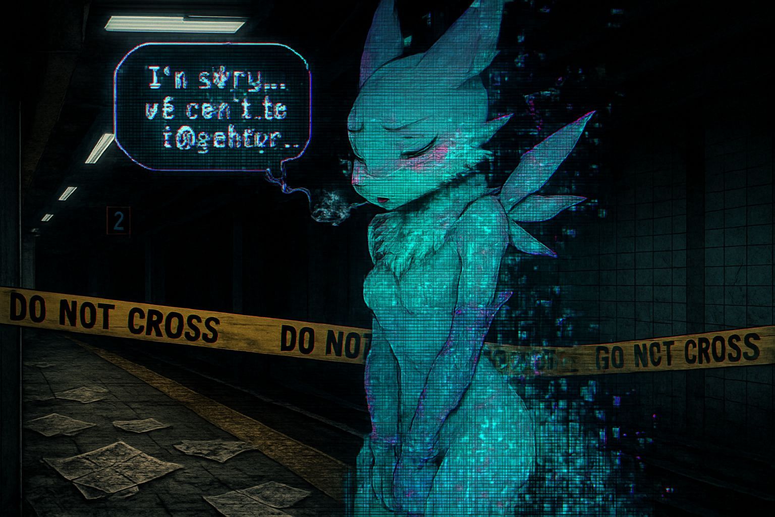 Anime-Style Renamon Dissolving Into Digital Code