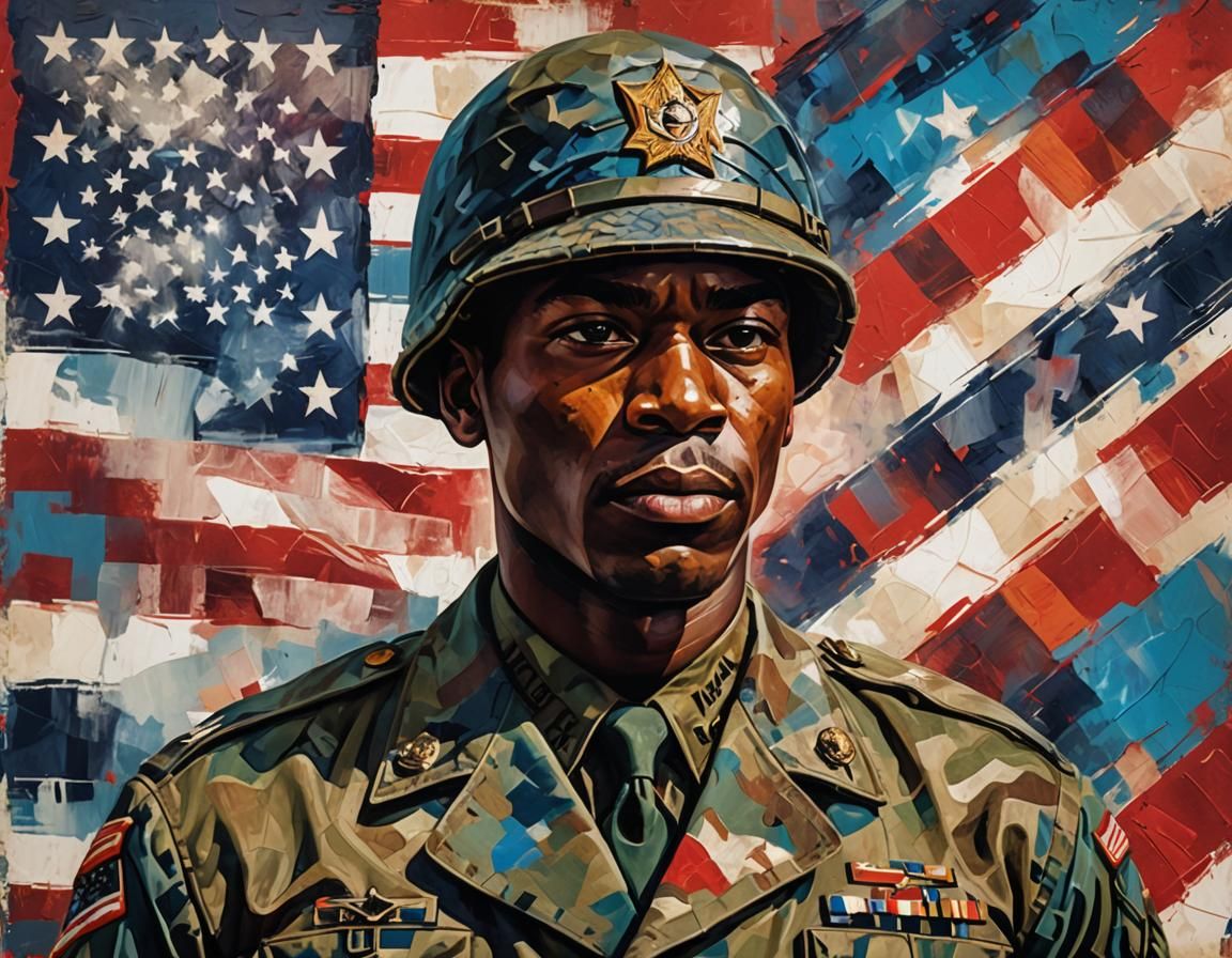 Patriotic Portrait of Soldier with Abstract Flag