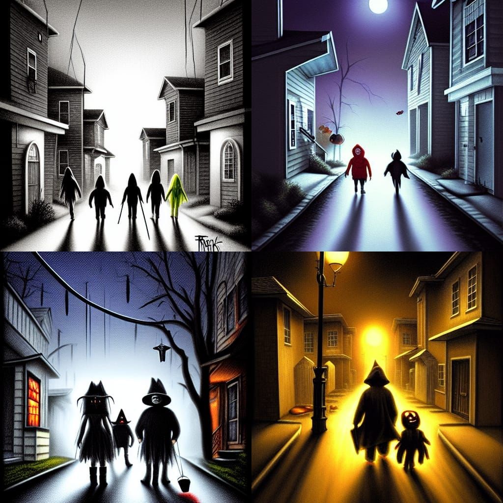 Ominous Halloween Night: Trick-or-Treaters in the Dark