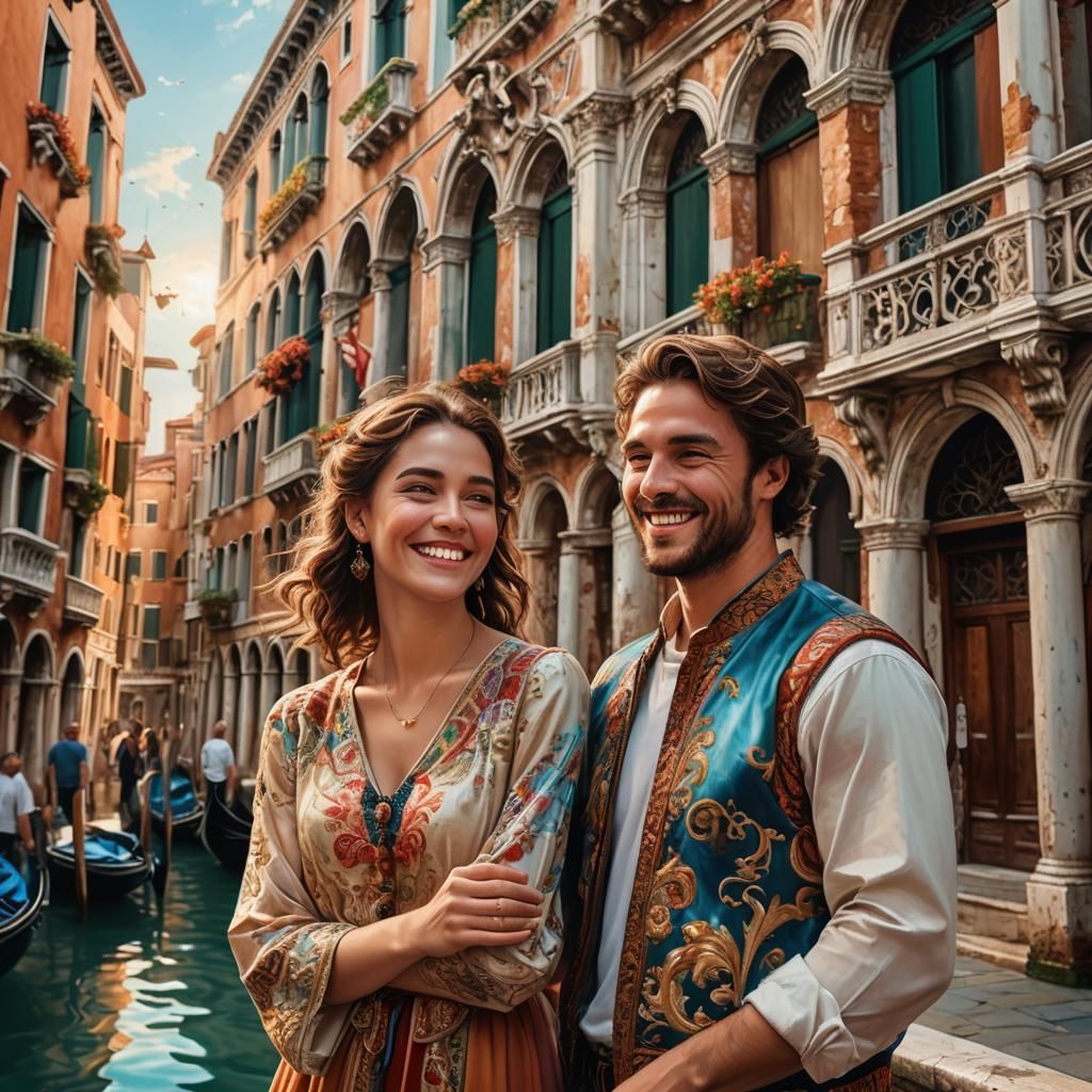 Smiling Couple in Venice: Hyperrealistic Concept Art