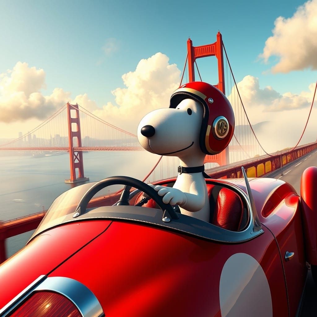 Snoopy Speeds Across the Golden Gate Bridge in a Cherry-Red...