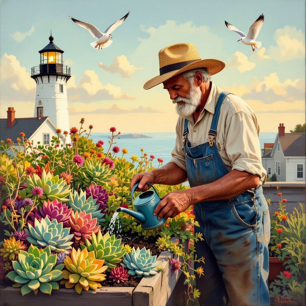 Lighthouse Keeper Tends Vibrant Rooftop Garden