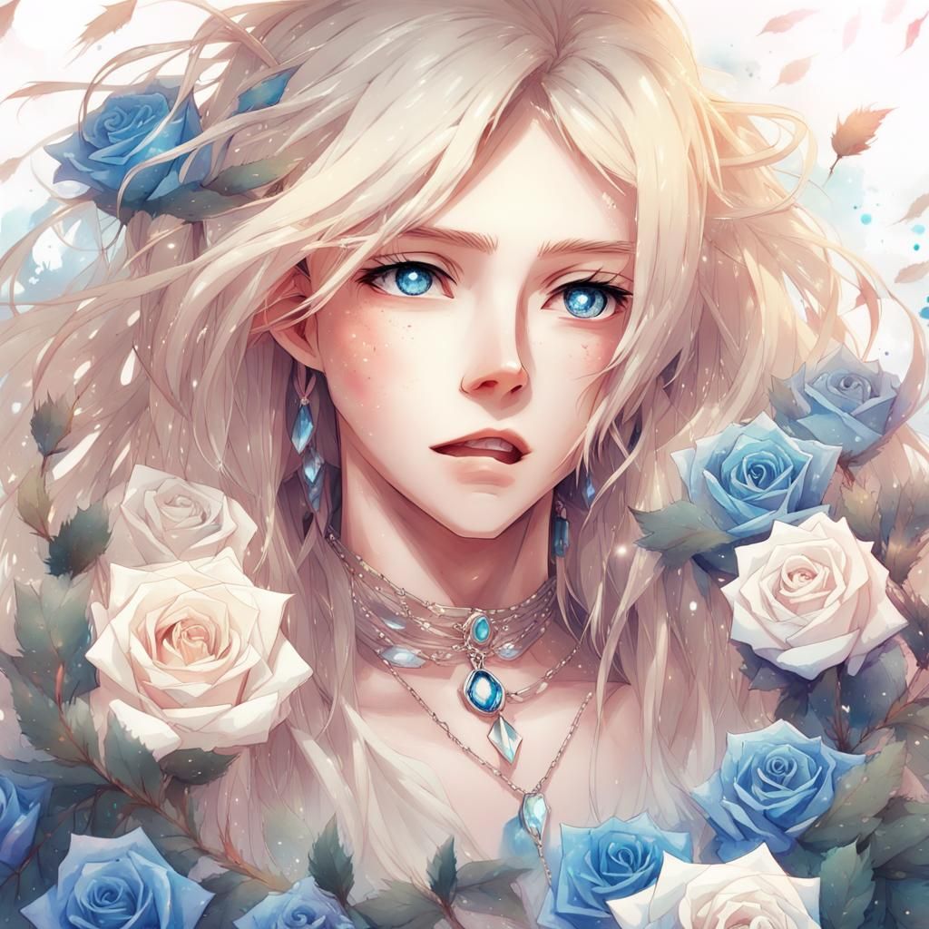 Sad Woman Portrait with Roses in Anime Style