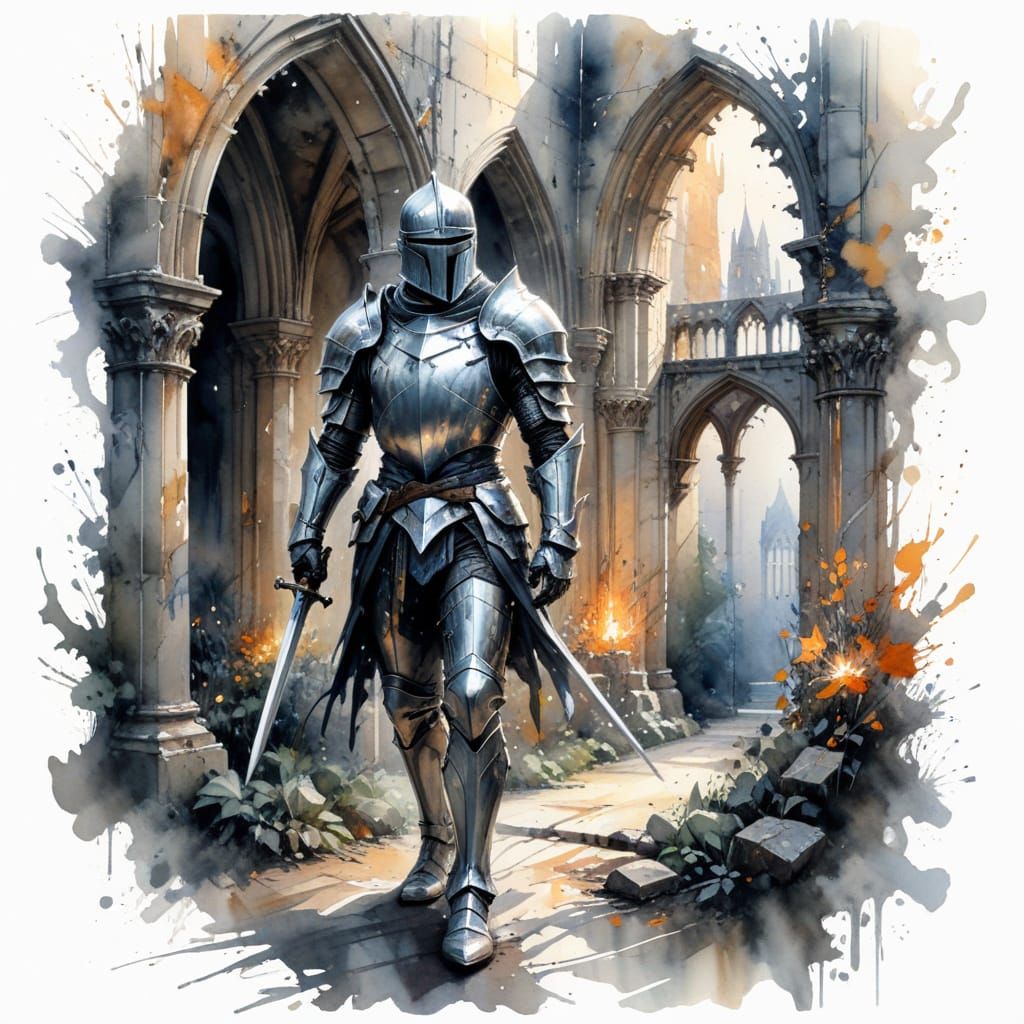 Silver Knight in Elegant Gothic Ruins