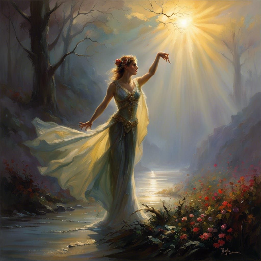 Ethereal Dancer in Mist with Sunlight Rays