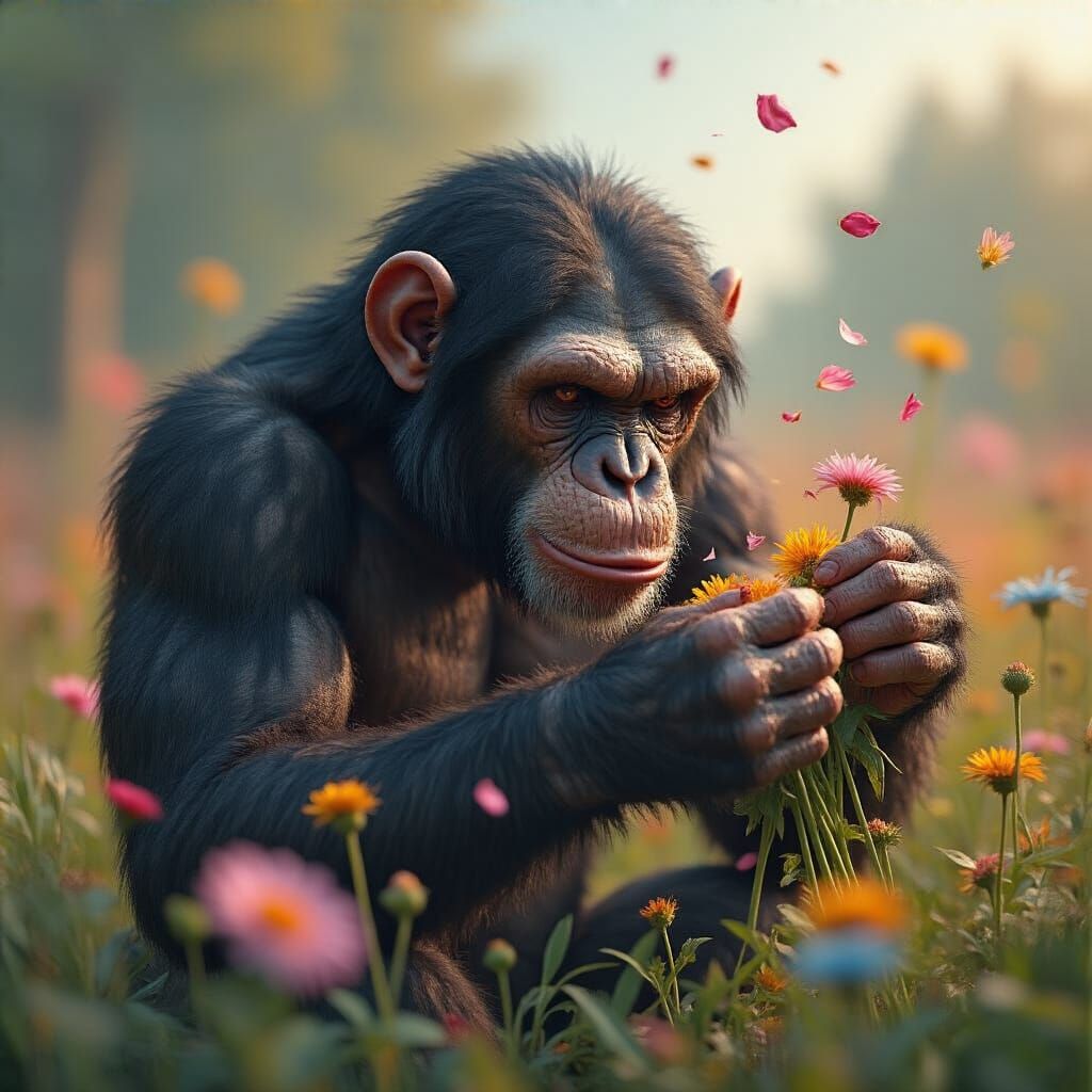 Chimpanzee Rips Wildflowers in Hyperrealistic Style