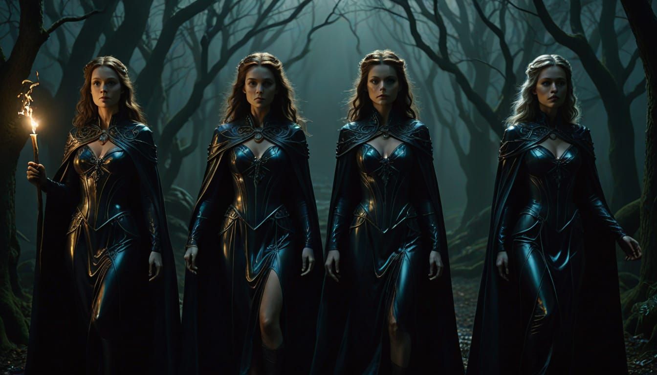 Three Witches Cast a Spell in Dark Fantasy Latex Costumes