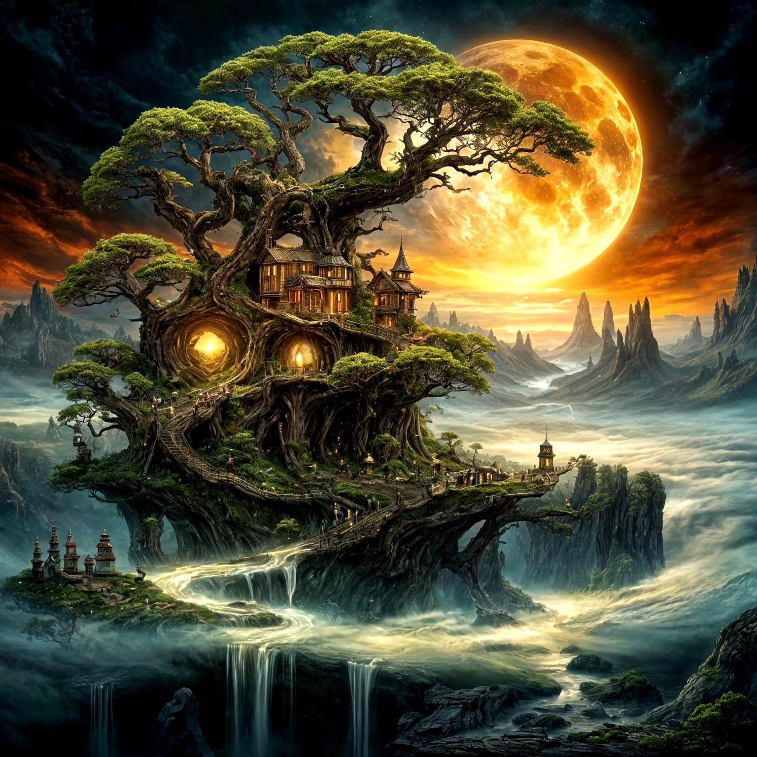 Clockwork Treehouse in Bioluminescent Forest