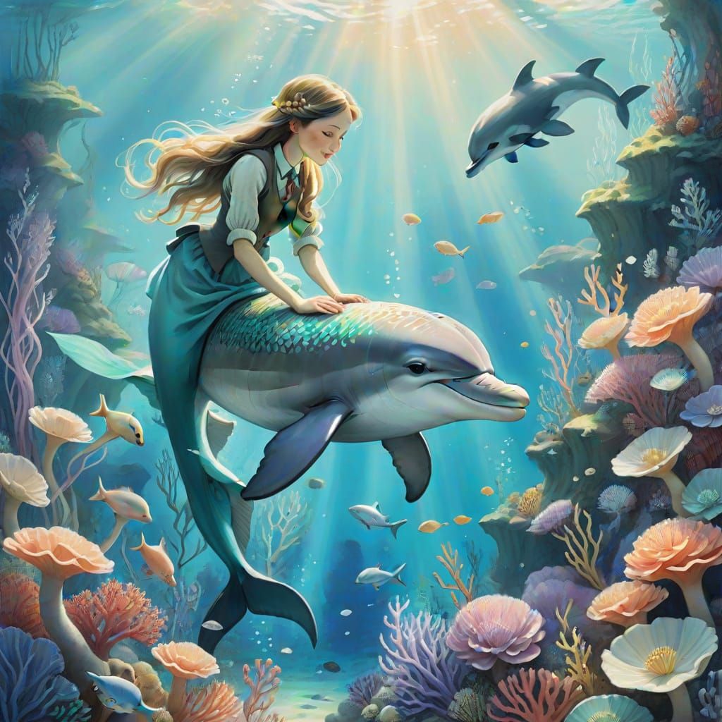 Mermaid and Dolphin in Coral Reef: Watercolour Painting