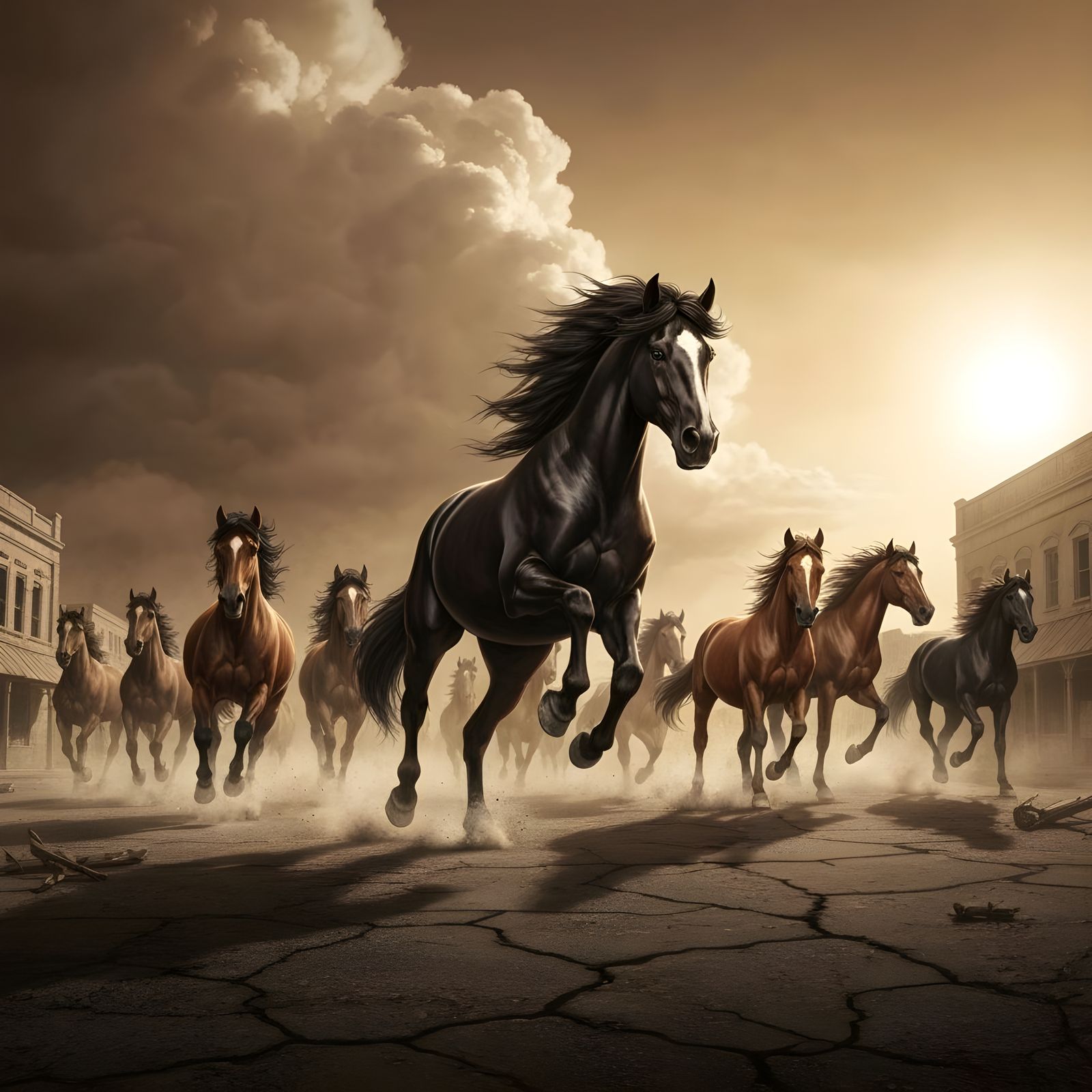 Wild Horses Stampede Through Deserted Town in Sepia