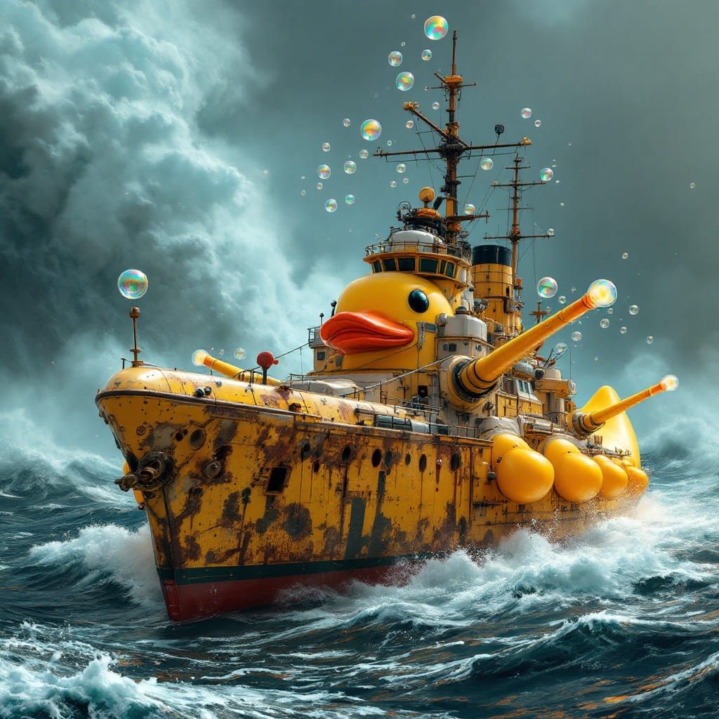 Surreal Rubber Duck Battleship in Whimsical Industrial Style