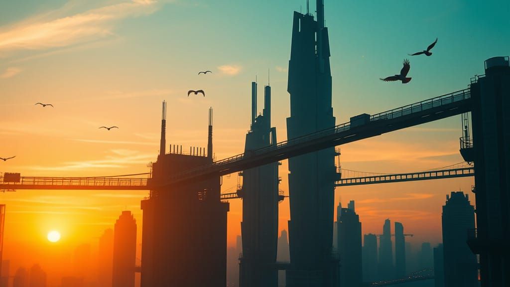 Surreal Cyberpunk Metropolis at Sunset