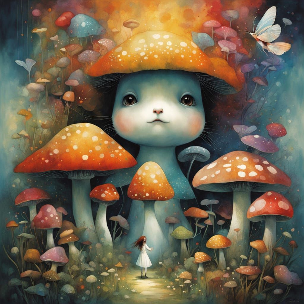 Rainbow Bug Creature in Mushroom Field