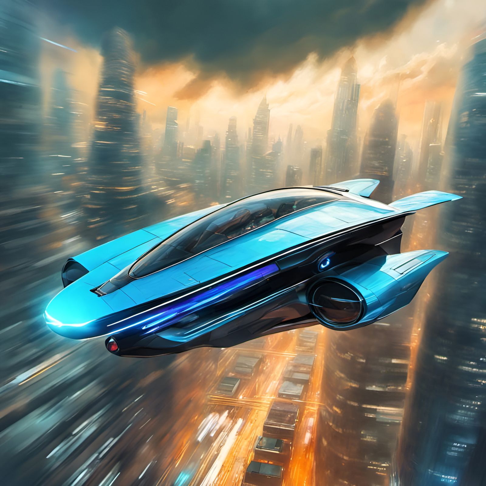 Retrofuturistic Flying Car Over Cyberpunk Cityscape