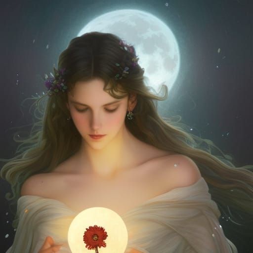 Moonlit Portrait: Woman with Flower in Bay