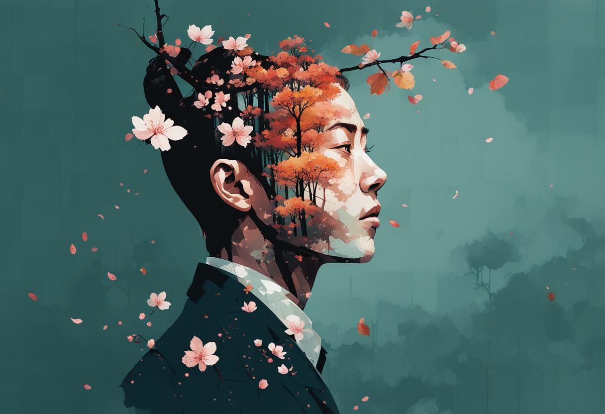 Double Exposure Portrait with Blossoms and Forest