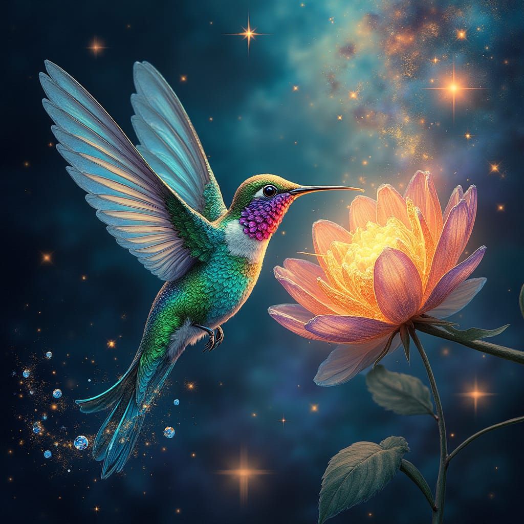 Celestial Hummingbird in Whimsical Art Nouveau Style