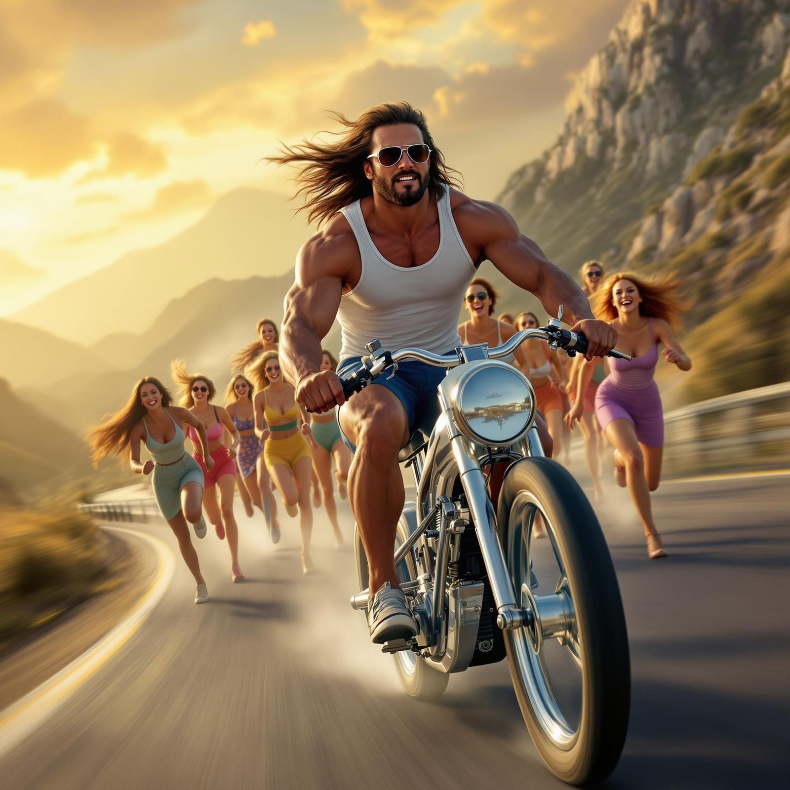 Daring Cyclist Chased by Joyful Women in Vibrant Sunset