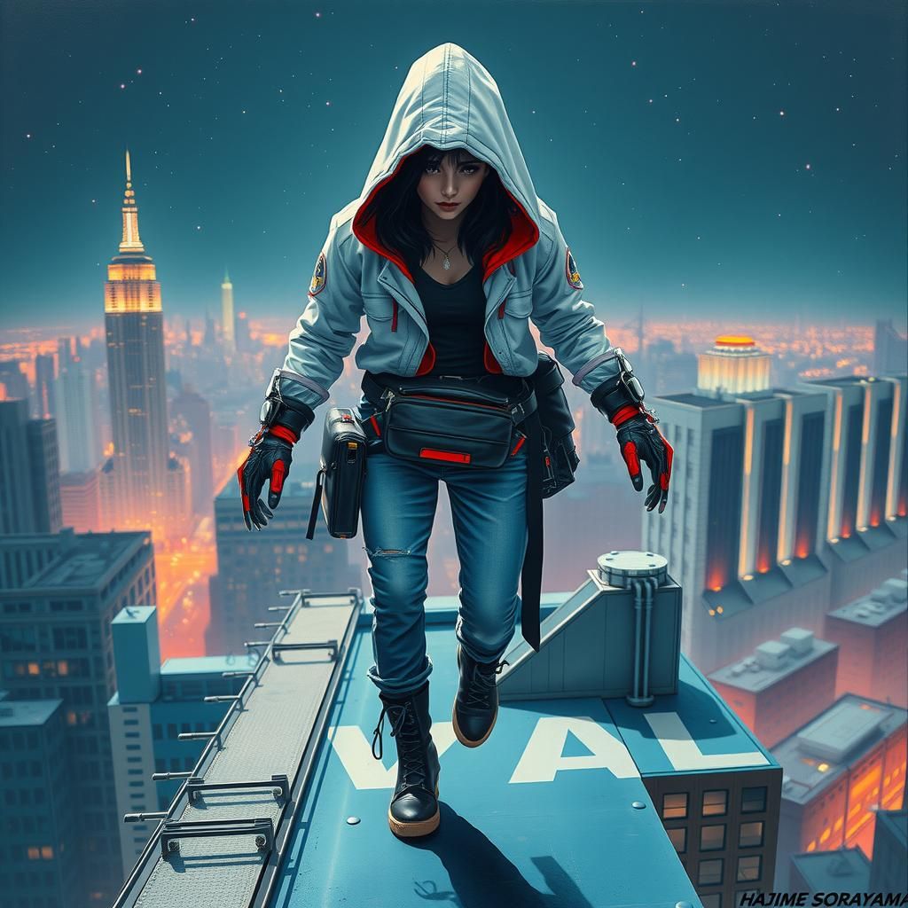 Cyberpunk Robotic Woman Parkours Across Futuristic Rooftop